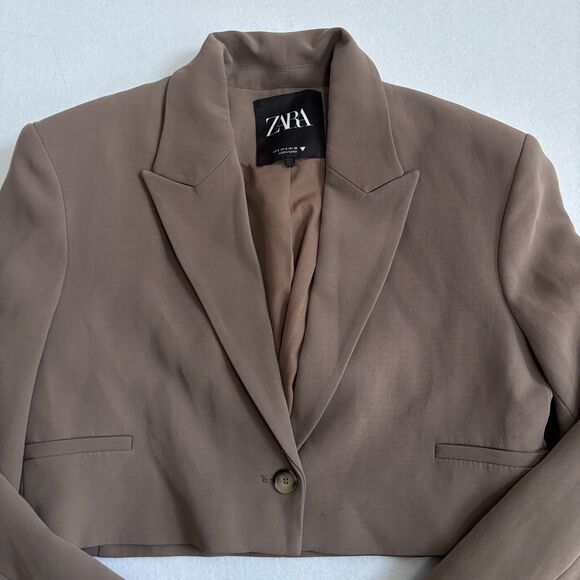 Zara Cropped Blazer Jacket Women's S Taupe Brown Lightweight Edgy Minimalist - Picture 5 of 8